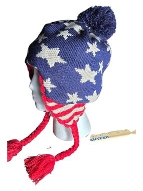 Patriotic Star & Stripe Pom-Pom Earflap Hat for Kids - Blue/Red/White